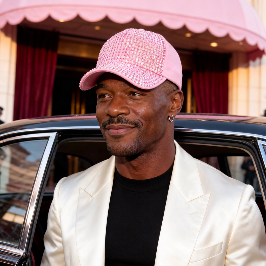 Fabulously Rhinestoned Baseball Cap in a corrected pink fashion editorial
