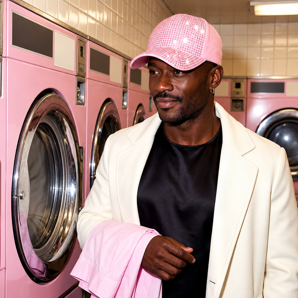 Fabulously Rhinestoned Baseball Cap — adult model in a pink laundrette, with clean unlettered machine panels (AI-generated editorial).