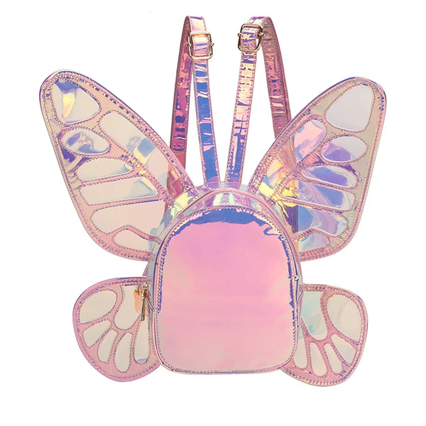 Front-facing iridescent pink butterfly-wing backpack on a white background
