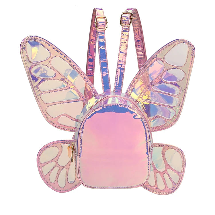 Front-facing iridescent pink butterfly-wing backpack on a white background