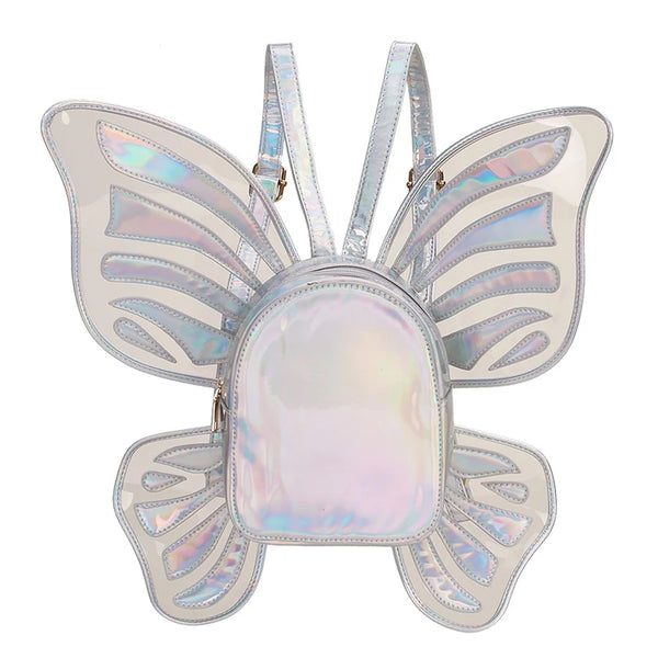 Front view of an iridescent butterfly-shaped backpack with translucent wings and shoulder straps