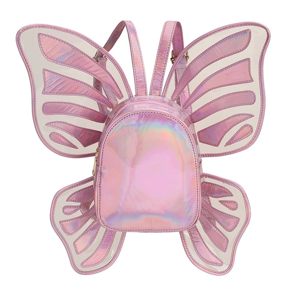 Front view of a pink iridescent butterfly-shaped backpack with decorative wings and antennae