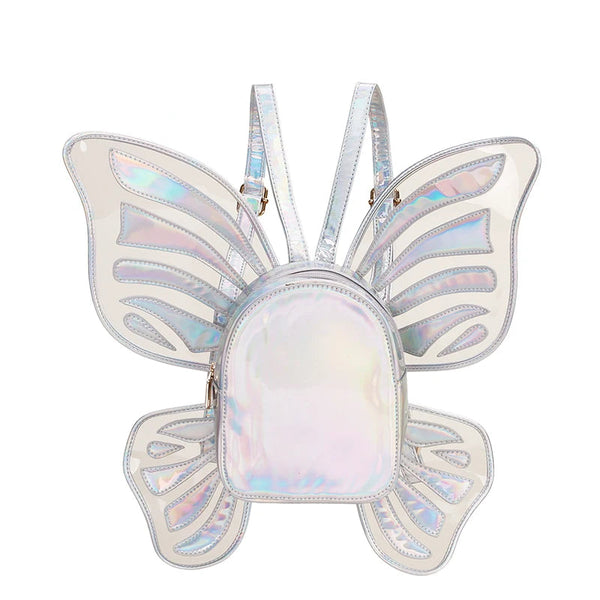 Front view of an iridescent butterfly-shaped backpack with white wings and straps