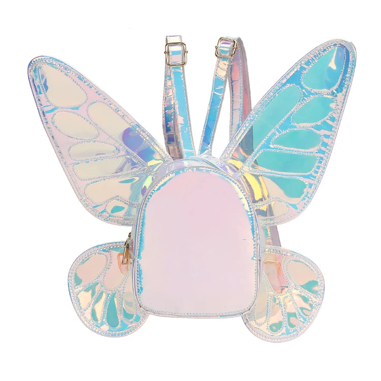 Front view of an iridescent butterfly-shaped backpack with pale pink center panel