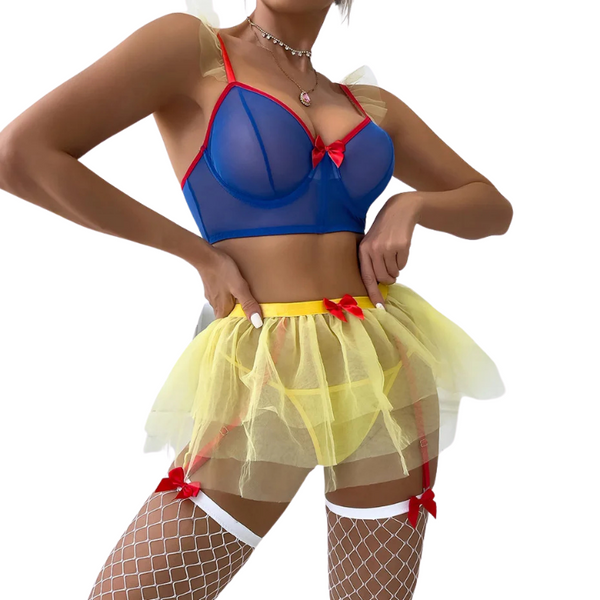 Model wearing a blue-and-yellow fairytale lingerie set with red bows and fishnet thigh-highs