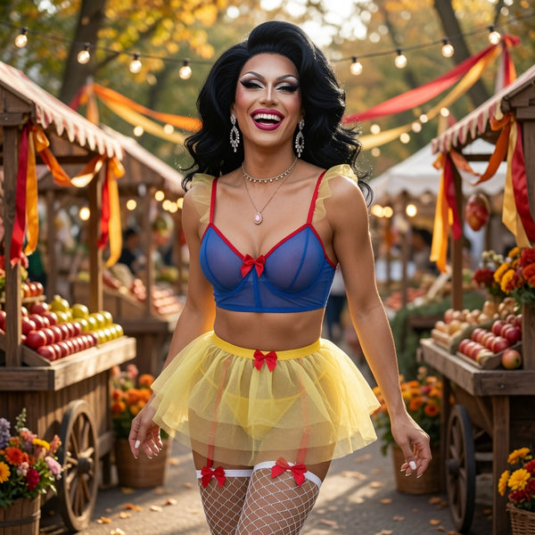 Model wearing a blue-and-yellow Snow White-inspired lingerie costume at an outdoor market