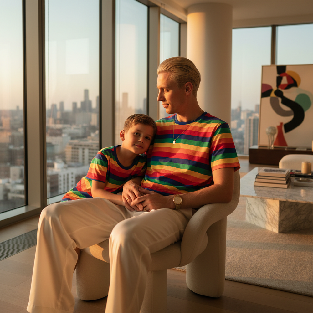 Adult and child wearing matching rainbow-striped T-shirts while seated together