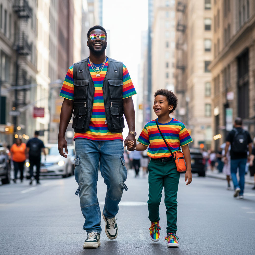 Smiling adult and child walk hand in hand in matching rainbow-striped T-shirts