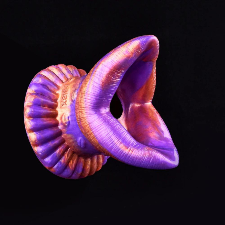 Purple-and-copper fantasy demon anal plug with a ridged flared base and open center