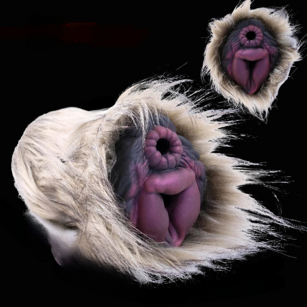 White shaggy-fur masturbator with two visible purple vulva-like openings on a black background