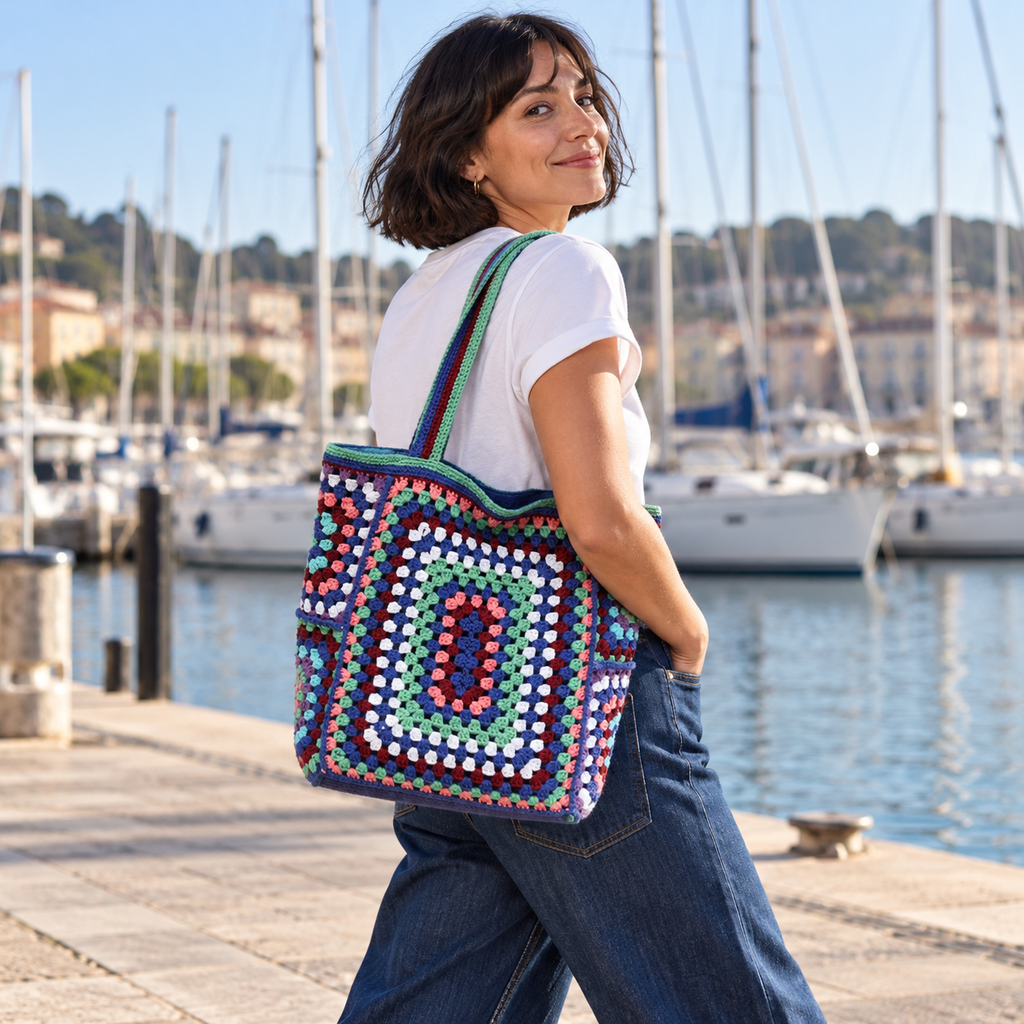 Farmers Market Woven Tote in the Harbour Blue colour or design, modelled in a candid lifestyle setting.