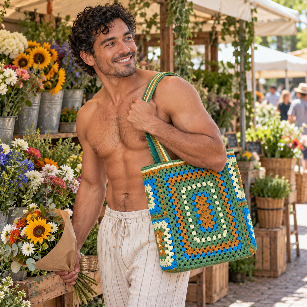 Farmers Market Woven Tote, Sage Basket worn in a queer fashion editorial.