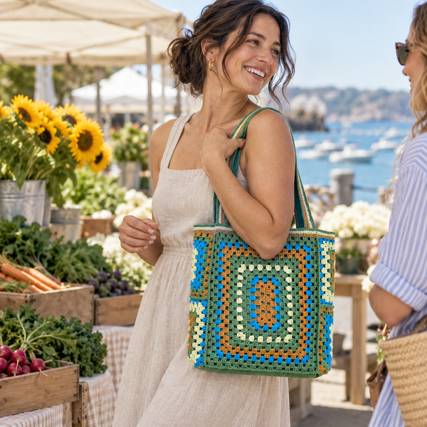 Farmers Market Woven Tote in the Sage Basket colour or design, modelled in a candid lifestyle setting.