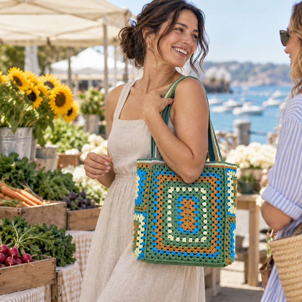 Farmers Market Woven Tote in the Sage Basket colour or design, modelled in a candid lifestyle setting.