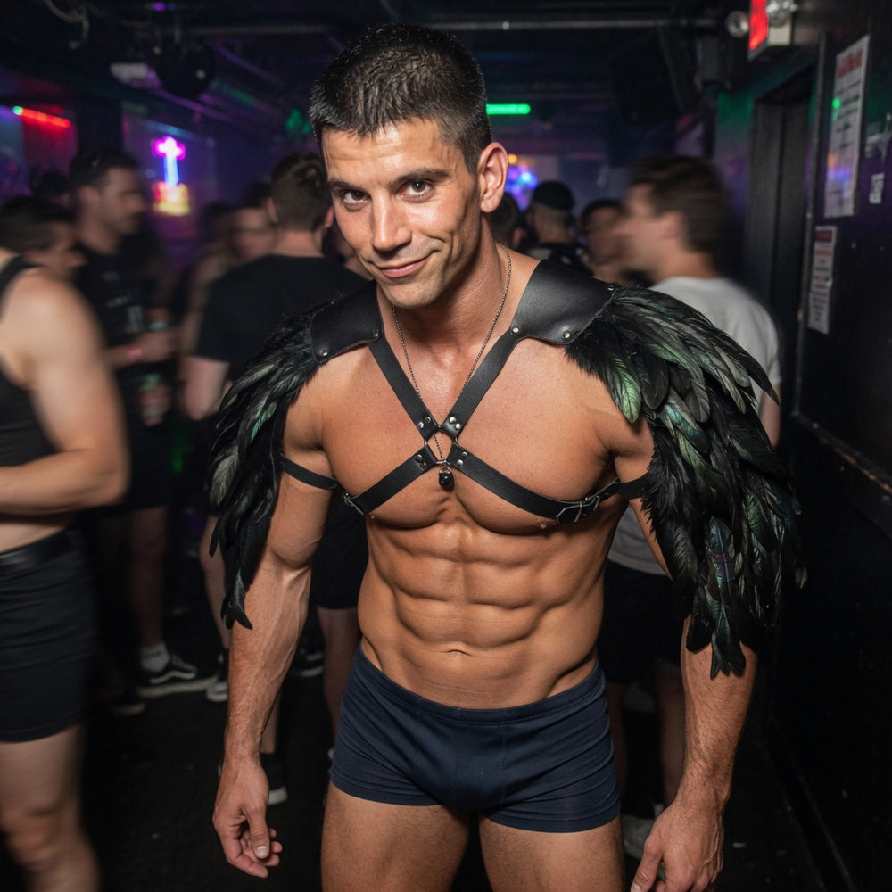 Muscular person wearing a black leather chest harness with dark feathered shoulder pieces in a club