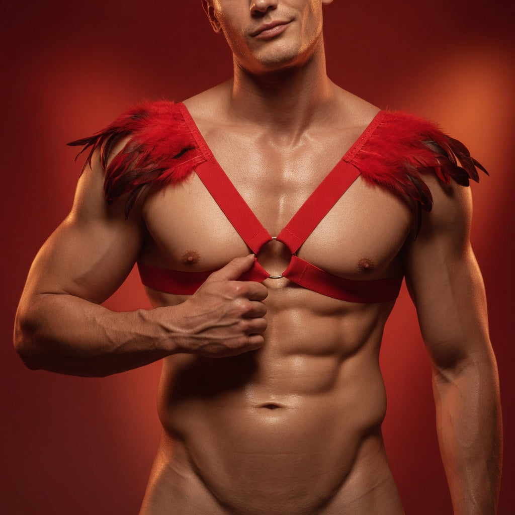 Front view of a shirtless model wearing a red feather shoulder harness with a metal chest ring