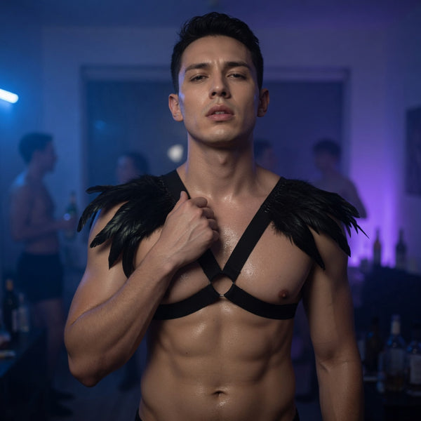 Front-facing model wearing a black chest harness with black feather shoulder accents