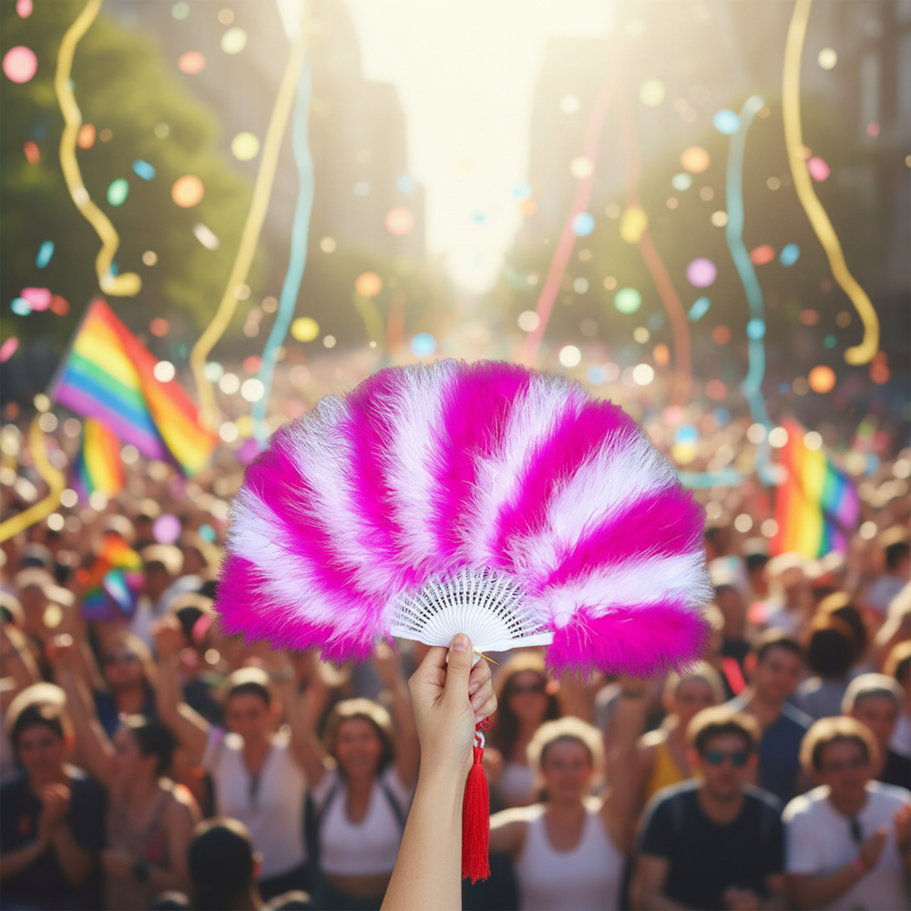 Hand holding a pink-and-white feather fan with a red tassel at a Pride celebration
