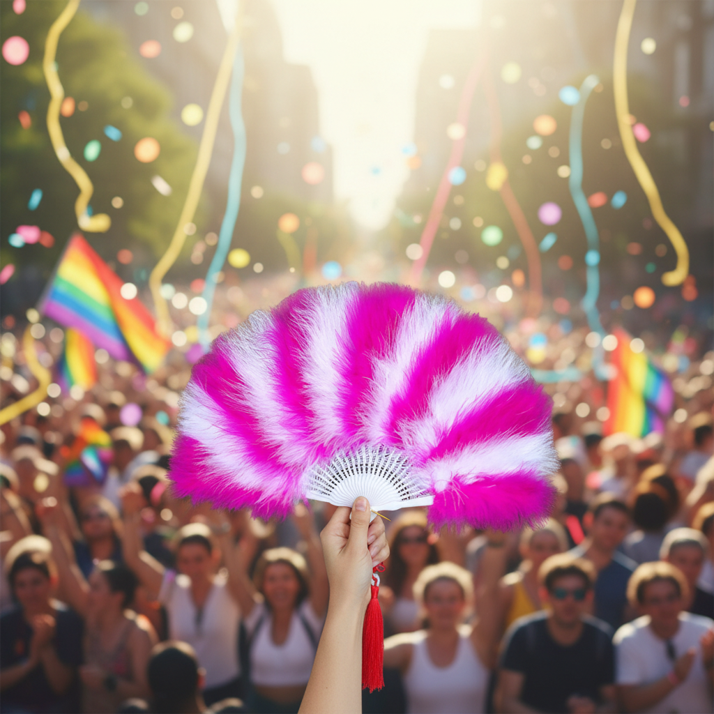 Hand holding a pink-and-white feather fan with a red tassel at a Pride celebration