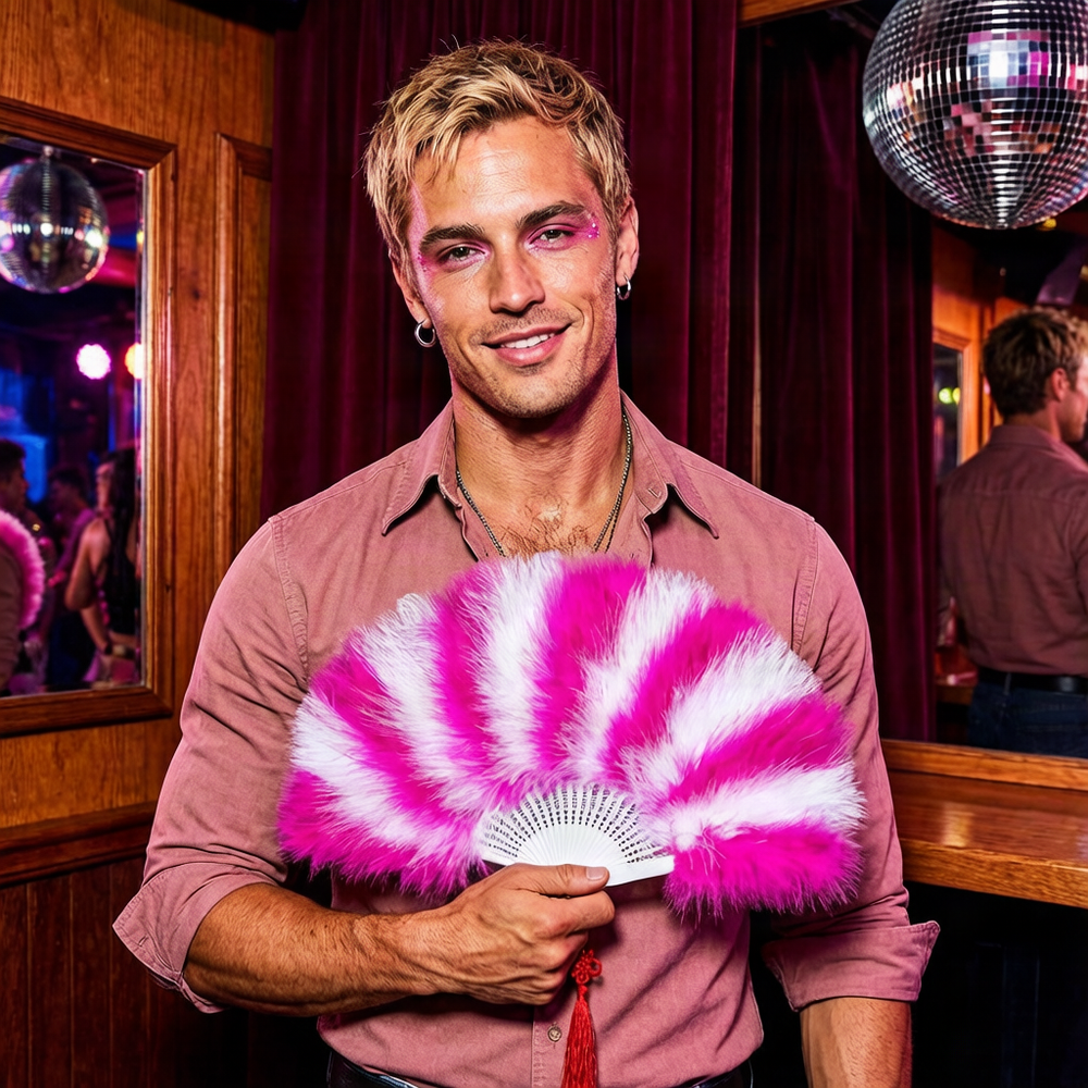 Feathered Gay Pride Rainbow Fan styled in a pink fashion editorial