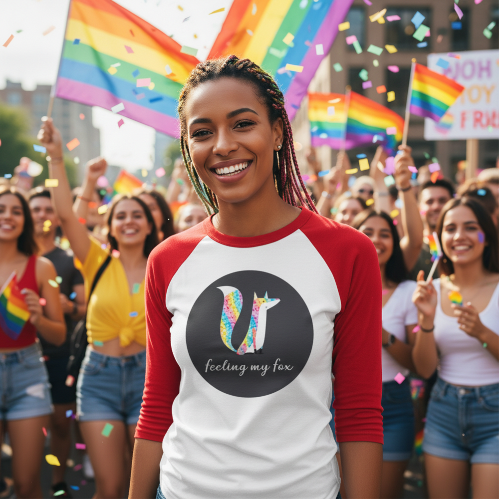 Feeling My Fox 3/4 Sleeve Raglan Shirt on a smiling person at Pride, surrounded by queers, rainbow flags