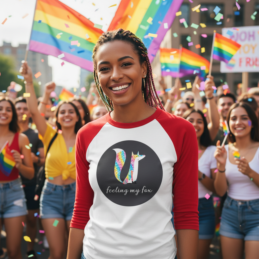 Feeling My Fox 3/4 Sleeve Raglan Shirt on a smiling person at Pride, surrounded by queers, rainbow flags