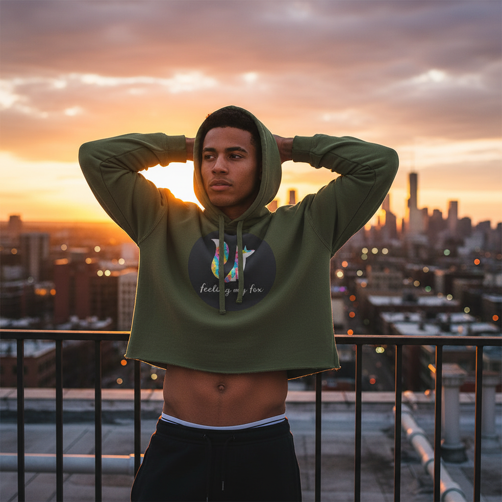 Feeling My Fox Crop Hoodie in bright colors features a bold fox graphic and statement text