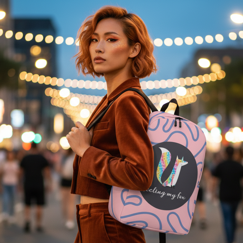 Feeling My Fox Minimalist Backpack with a rainbow fox logo and text, rocked by a femme in rust velvet
