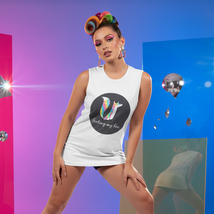 Feeling My Fox Muscle Top with a rainbow fox graphic and "feeling my fox" slogan, worn by queer femme