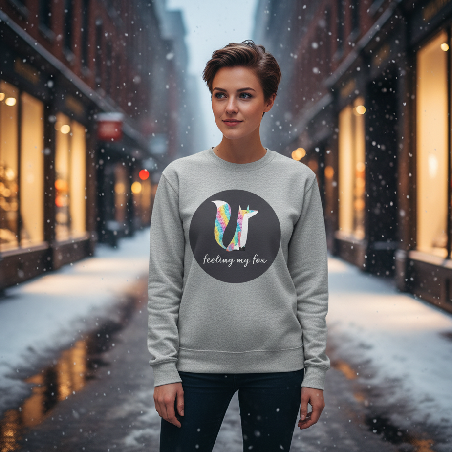 Front view of a person wearing a gray sweatshirt with a colorful fox graphic and “feeling my fox” text in falling snow