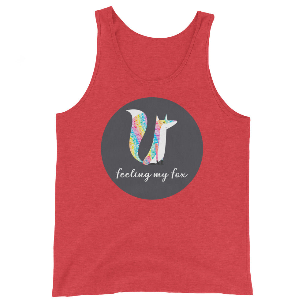 Red tank top with a colorful fox graphic and “feeling my fox” text