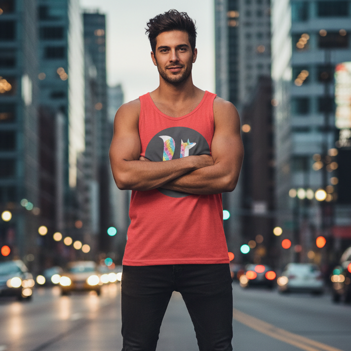 Feeling My Fox Unisex Tank Top in bold style, worn by a confident young man on a city street, repping queer fashion vibes.