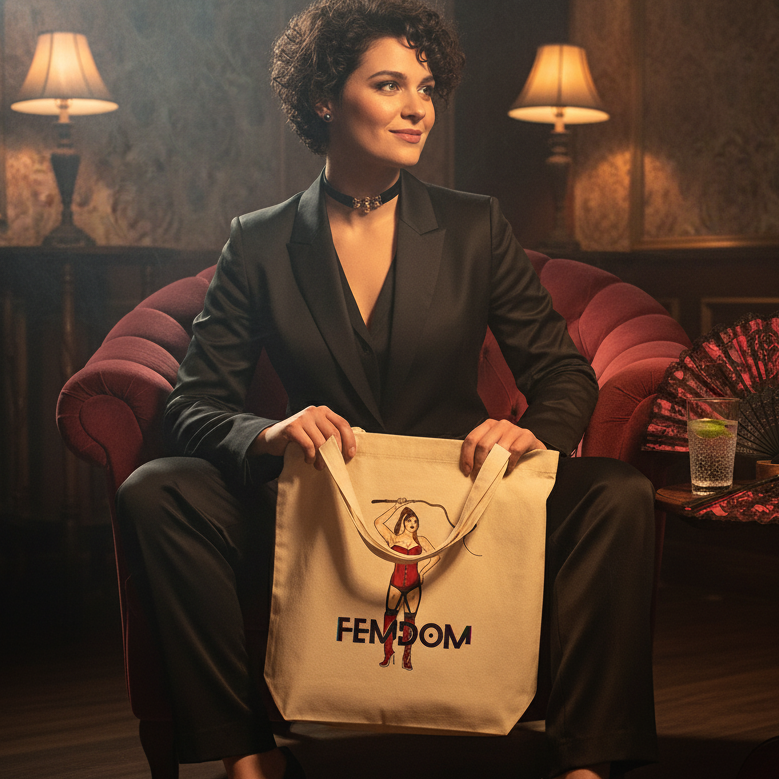 Person in a black suit holds a canvas tote marked “FEMDOM” with a pin-up illustration.