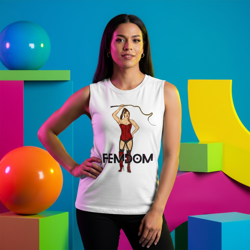 Femdom Muscle Top—relaxed fit shirt in bold colors, illustrated red dominatrix and “FEMDOM.” person with long dark hair