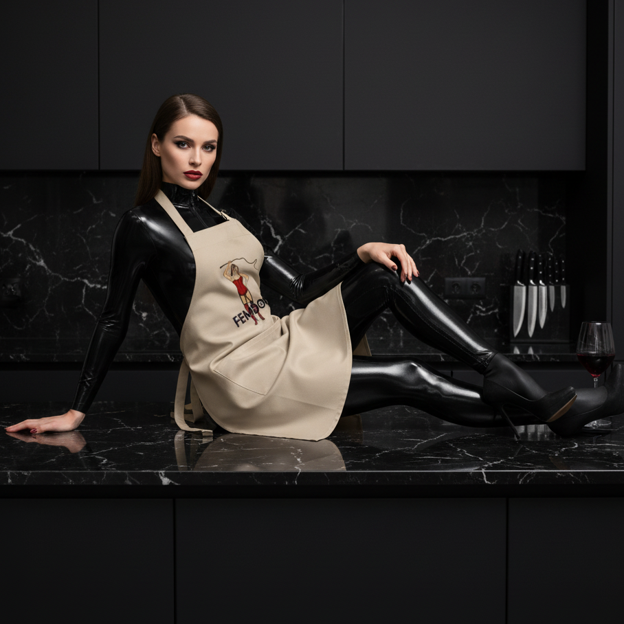 Model seated on a kitchen counter wearing a beige FEMDOM apron over a glossy black outfit