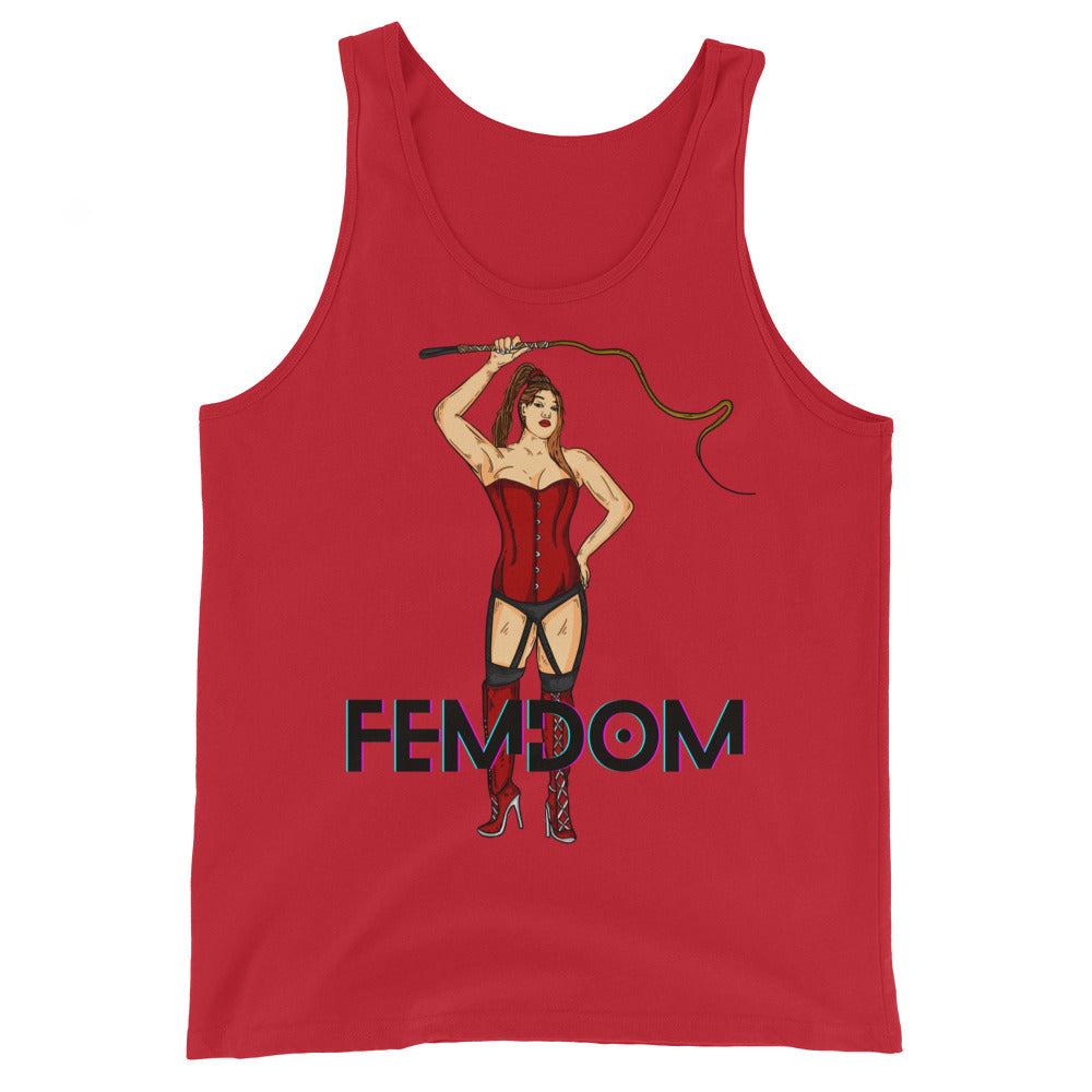 Unisex tank top in white, bold graphic of femme in red corset, boots, whip; black "FEMDOM" text below. Queer pride energy.