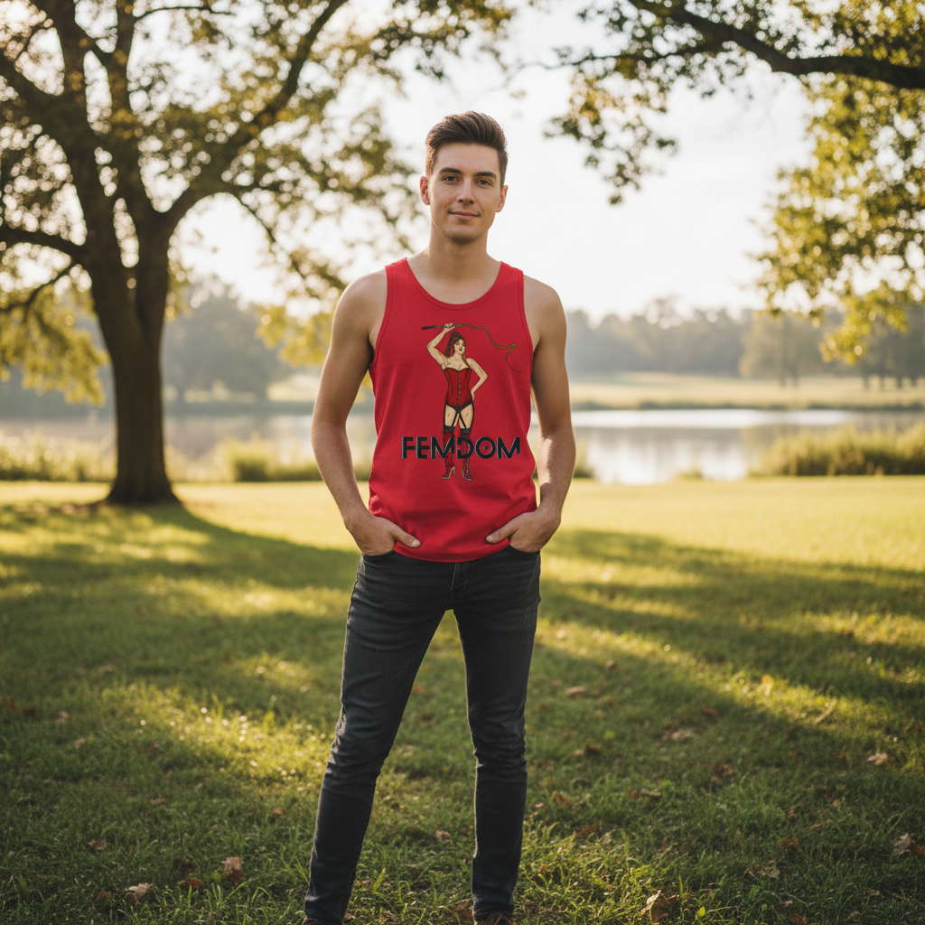 Femdom Unisex Tank Top with bold “FEMDOM” text and a woman in boots, worn by a queer man in a sunny lakeside park.