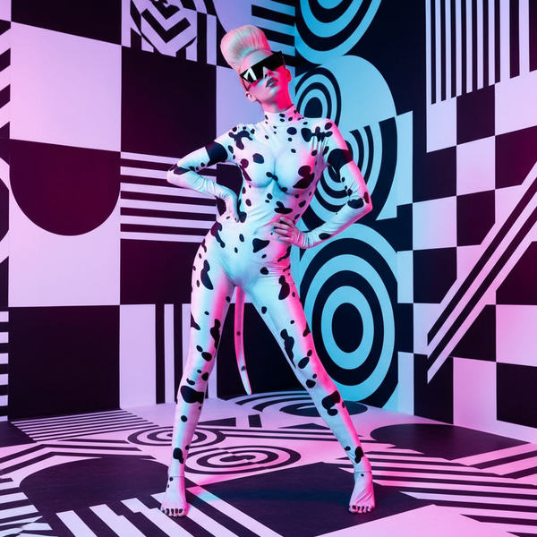 Full-length model in a white-and-black spotted bodysuit with gloves, posed against a geometric backdrop