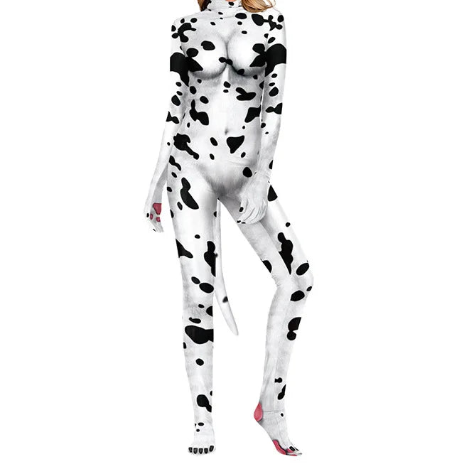 Front three-quarter view of a person in a white, black-spotted full-body suit with a tail