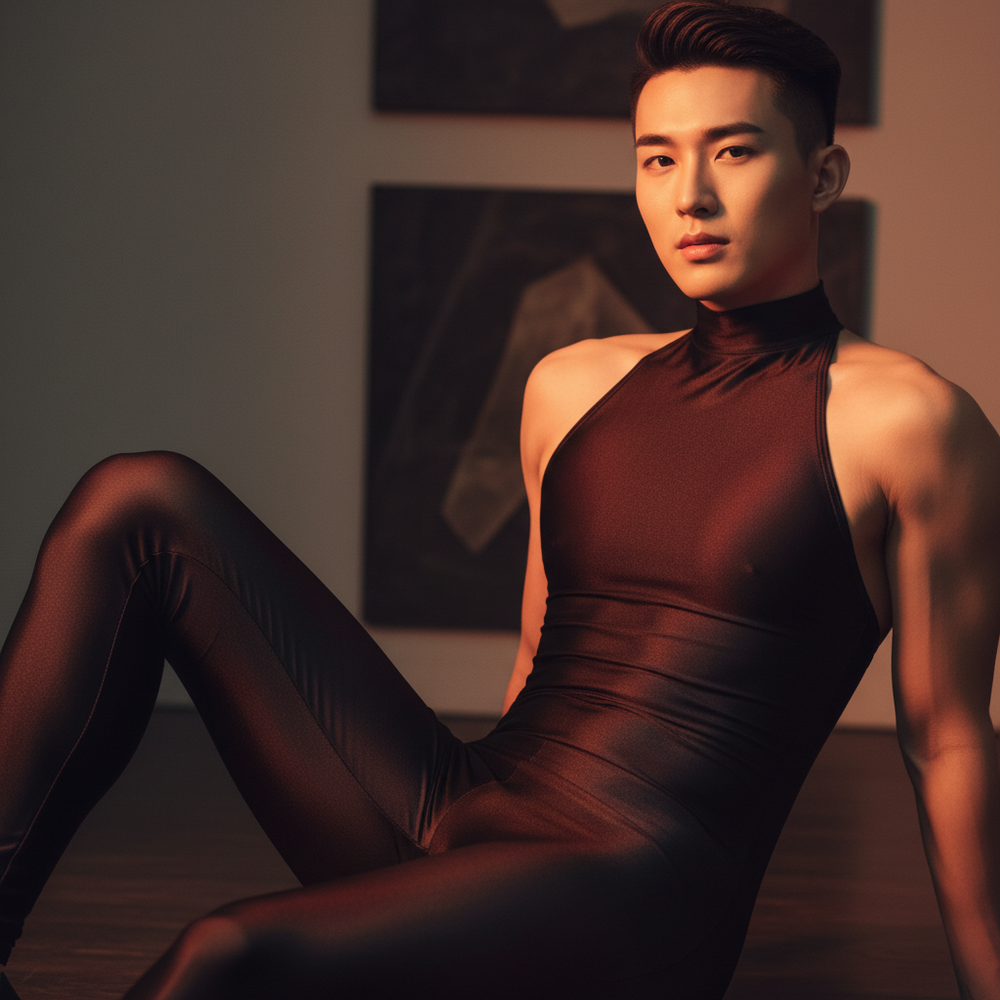 Model seated on the floor wearing a black high-neck, full-length bodysuit