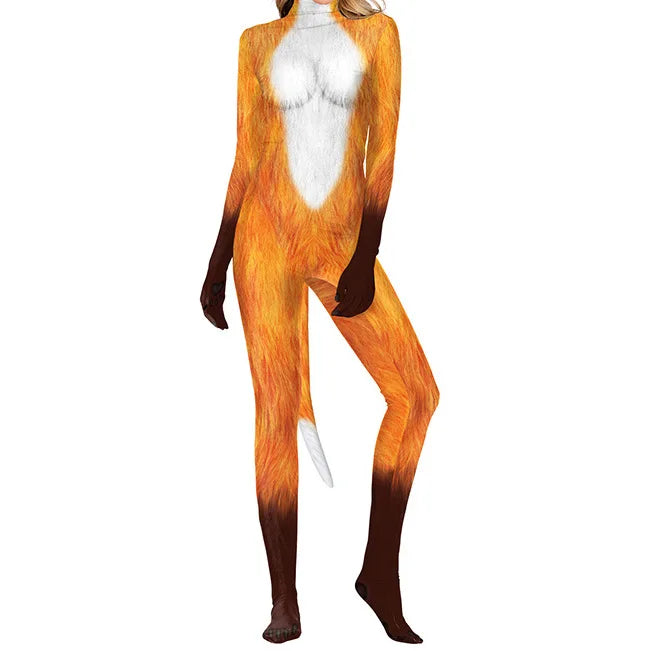 Front-view model wearing an orange fox-print bodysuit with white chest and tail