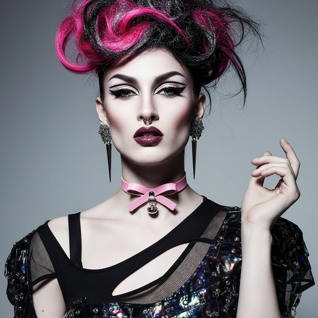 Front-facing model wearing a pink bow choker with a dangling metal charm