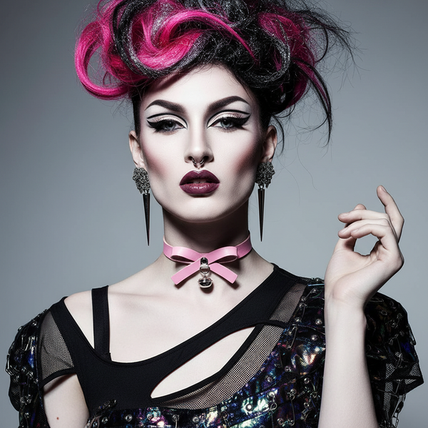 Front-facing model wearing a pink bow choker with a dangling metal charm