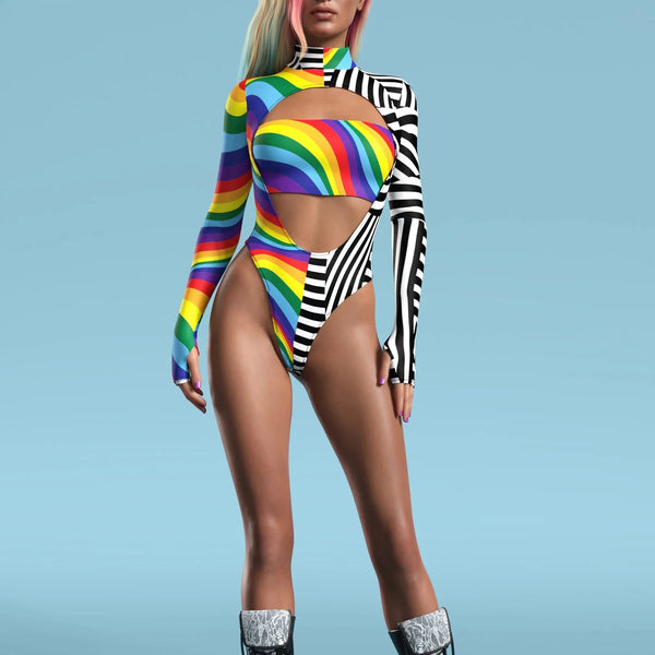 Front-view model wearing a rainbow-striped cutout bodysuit with one black-and-white striped sleeve