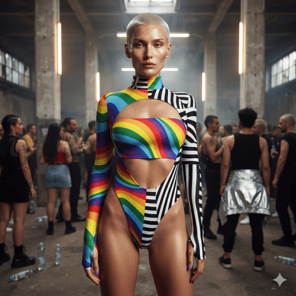 Front-facing model in a rainbow and black-and-white striped cutout bodysuit at a rave