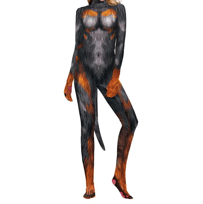 Front-view model wearing a black, gray, and rust Rottweiler-print full-body suit with tail