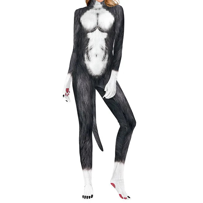 Model wearing a black-and-white furry cat or wolf bodysuit with tail and paw-print gloves