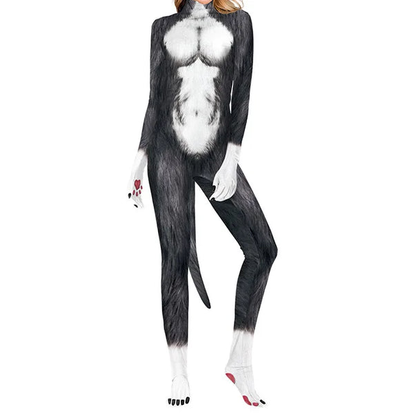 Model wearing a black-and-white furry cat or wolf bodysuit with tail and paw-print gloves