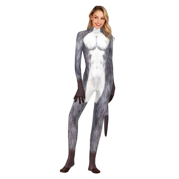 Front view of a model wearing a gray-and-white furry wolf bodysuit with gloves, feet, and tail