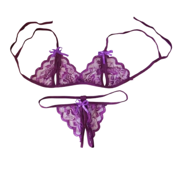 Flat lay of a purple floral lace bra and matching thong with ribbon bows
